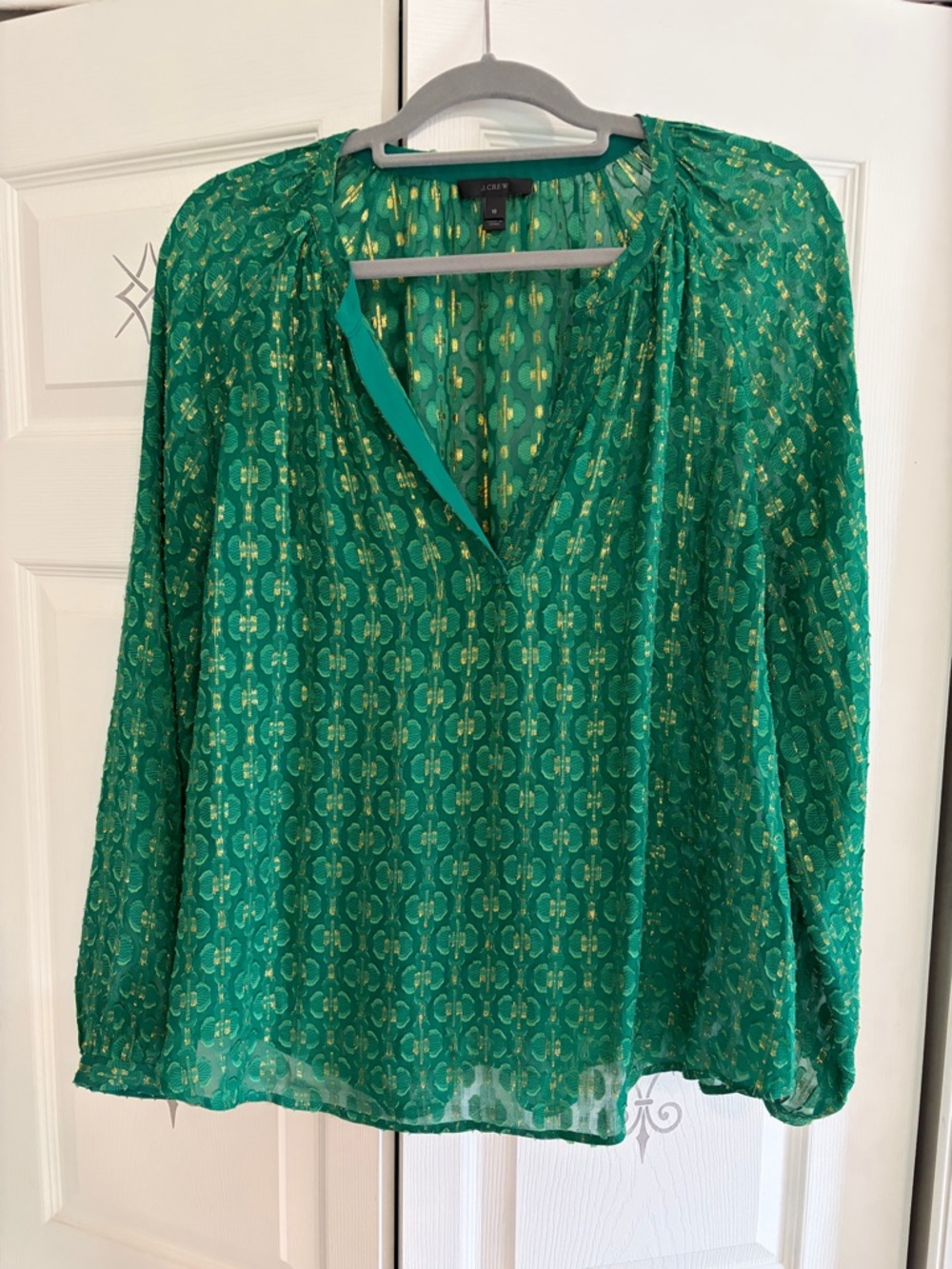 J. Crew Emerald Green Printed V-Neck Blouse with Gold Accents